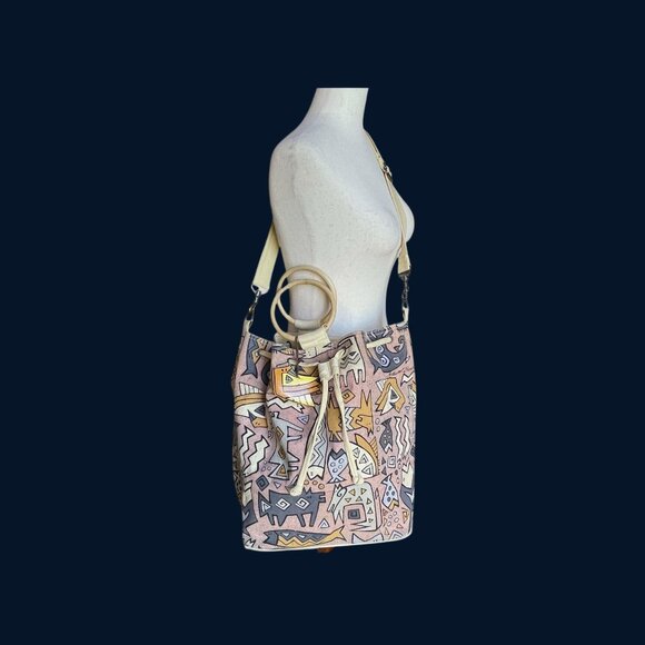 Laurel Burch Canvas Shoulder Tote BUcket Bag Purse Tribal Animal Bamboo Handle - Picture 2 of 9